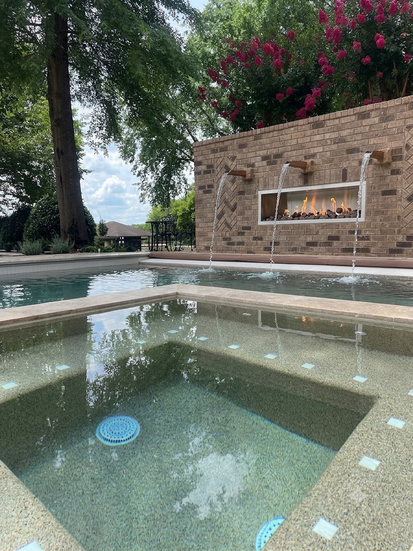 Gunite pool and spa with a lit brick outdoor fireplace and copper scupper water features on a travertine deck, built by Morales Outdoor Living in East Tennessee