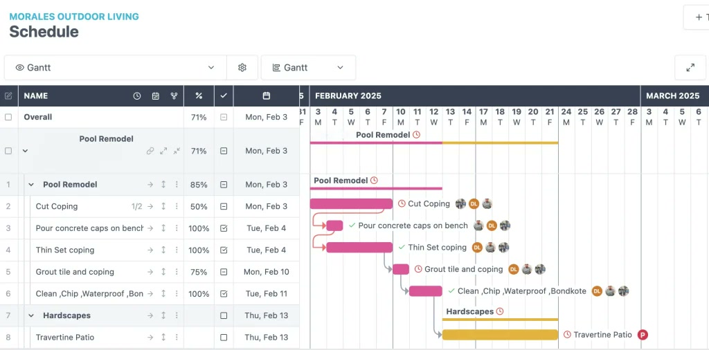 A live Morales Outdoor Living project schedule in JobTread